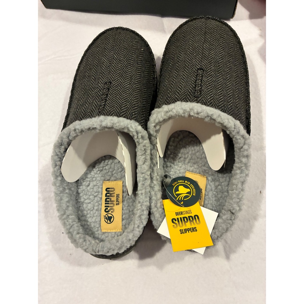Deer Stags Nordic Men Slippers 12 W Black Tweed Herringbone S.U.P.R.O. Clog New